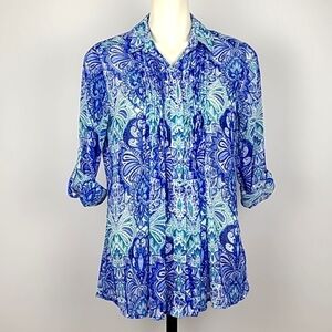 Cristina B Women's Tunic Blouse Blue Green Paisley Pleats Roll Up Sleeves S